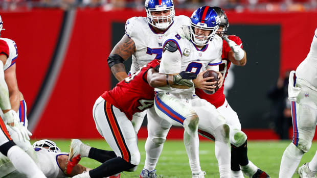 Daniel Jones is sacked by a Buccaneers defender